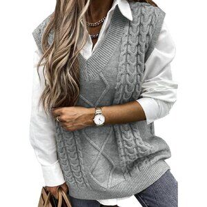 Womens V Neck Oversized Cable Knit Light Grey Sweater Vest Sleeveless Pullover
